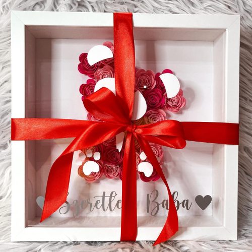 Fehér-Rózsaszín TEDDY papírvirág box fehér kerettel