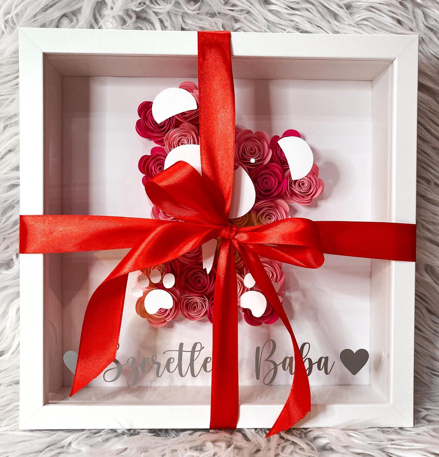 Fehér-Rózsaszín TEDDY papírvirág box fehér kerettel